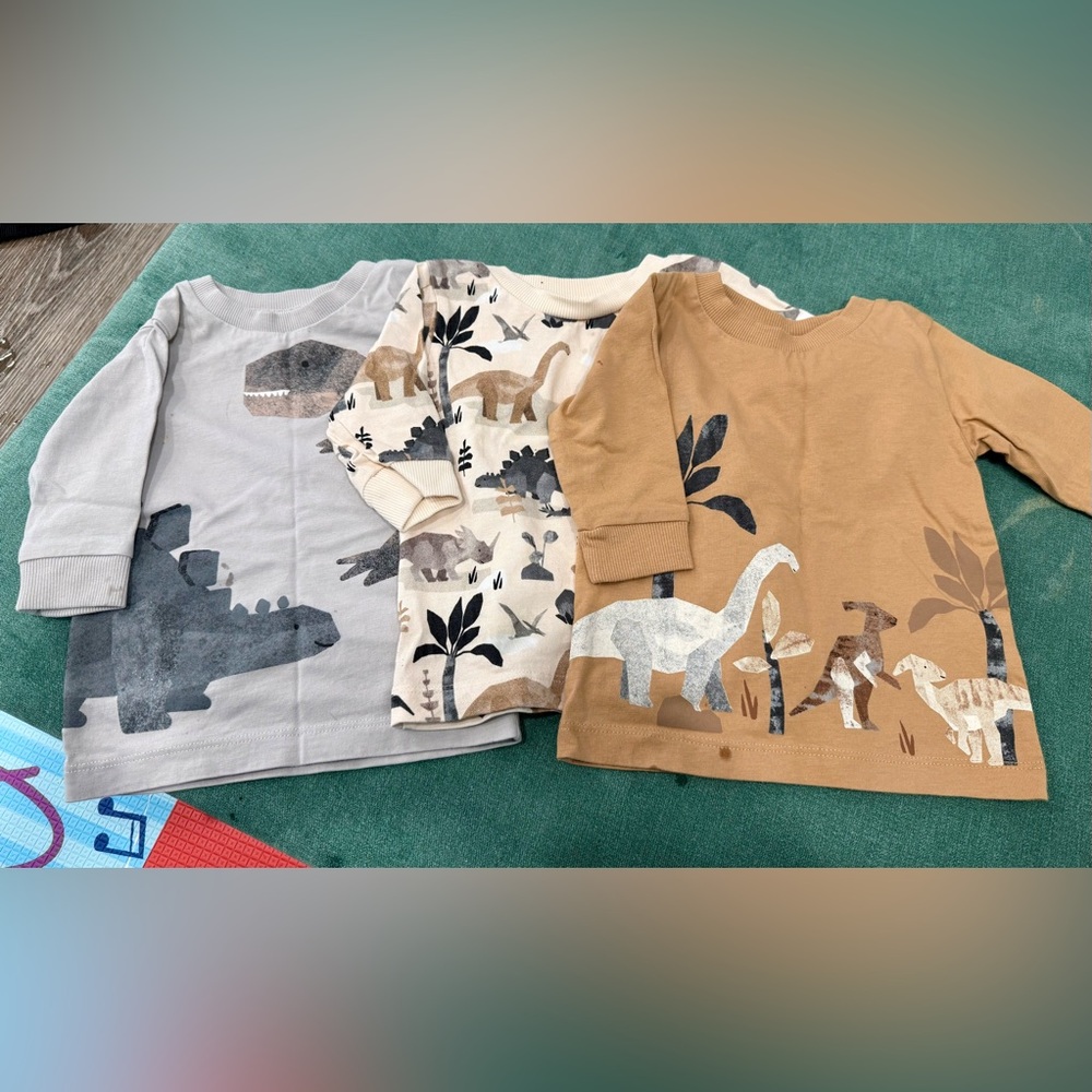 NEW Dinosaur Print Long Sleeve Kids Shirt Trio - Gray, Cream, Tan